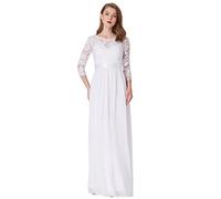 Ever-Pretty Vestito Donna Elegante Cerimonia 3/4 Manich Stile Impero Maxi Linea ad A Pizzo Chiffon Abiti da Damigella Bianca 46