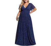 Ever-Pretty Vestito Donna Elegante Cerimonia Lungo Brillante Pieghe Maniche a Volant Stile Impero Abito da Sera Donna Blu Navy 50