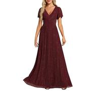 Ever-Pretty Vestito Donna Elegante Cerimonia Lungo Brillante Pieghe Maniche a Volant Stile Impero Abito da Sera Donna Borgogna 44