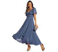 Ever-Pretty Vestito Donna Elegante Lunghe e Scollo a V Manica Corta Vestito da Cerimonia Abito Estivo Chiffon Denim Blu 46