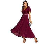 Ever-Pretty Vestito Donna Elegante Lunghe e Scollo a V Manica Corta Vestito da Cerimonia Abito Estivo Chiffon Borgogna 46