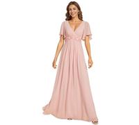 Ever-Pretty Vestito Donna Elegante Scollo a V Maniche a Volant Stile Lungo Abito Cerimonia Donna Chiffon Chic Rosa 38