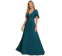 Ever-Pretty Vestito Donna Elegante Scollo a V Maniche a Volant Stile Lungo Abito Cerimonia Donna Teal 40