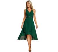 Ever-Pretty Vestito Elegante Donna Cerimonia Applique High Low Senza Maniche Chiffon Scollo a V Abito da Ospite Orlo Irregolare Verde Scuro 42
