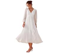 Ever-Pretty Vestito Elegante Donna Cerimonia Manica Lunga Collo A V Gonna Midi Abito da Sera Bianco Crema 42