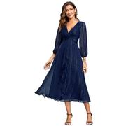 Ever-Pretty Vestito Elegante Donna Cerimonia Manica Lunga Collo A V Gonna Midi Abito da Sera Blu Navy 54