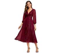 Ever-Pretty Vestito Elegante Donna Cerimonia Manica Lunga Collo A V Gonna Midi Abito da Sera Borgogna 42