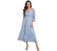 Ever-Pretty Vestito Elegante Donna Cerimonia Manica Lunga Collo A V Gonna Midi Abito da Sera Cielo Blu 44