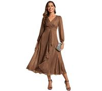 Ever-Pretty Vestito Elegante Donna Cerimonia Manica Lunga Collo A V Gonna Midi Abito da Sera Conte Marrone 38