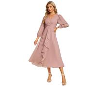 Ever-Pretty Vestito Elegante Donna Cerimonia Manica Lunga Collo A V Gonna Midi Abito da Sera Dusty Rose 48