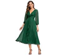 Ever-Pretty Vestito Elegante Donna Cerimonia Manica Lunga Collo A V Gonna Midi Abito da Sera Verde Scuro 38