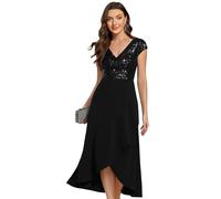Ever-Pretty Vestito Elegante Donna Midi con Scollo a V Abito con Corpetto in Paillettes e Gonna Asimmetrica per Cocktail e Cerimonie Nero 44