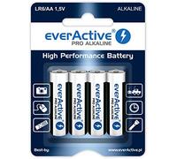 EverActive AA Batteres Pack di 4 Pro Alkaline Mignon LR6 R6 1.5V Highest Performance 10 Year Shelf Life - Confezione da 4 pezzi - 1 blister card, nero/bianco
