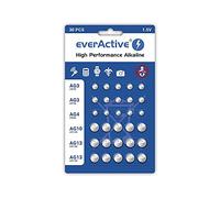 everActive Set di 10 batterie AG3, 5 AG4, 5 AG 10, 10 AG13 1,5 V, 30 batterie a bottone, alcaline, Mini, durata 3 anni, 30 pezzi, 1 confezione blister