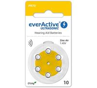 everActive 10, 6 batterie per apparecchi acustici, ad alte prestazioni, batterie zinco-aria, 1 confezione blister, durata 4 anni, giallo, Ultrasonic PR70, EVHAB10