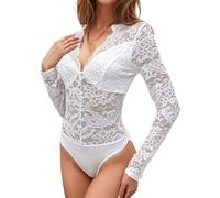 Everbellus Body in pizzo sexy per le donne, Bodysuit top intimo a maniche lunghe con scollo a V profondo per serate romantiche Clubwear, bianco, S
