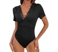 Everbellus Body Sexy in Pizzo da Donna, Scollo a V Profondo, Bodysuit Top, Magliette a Maniche Corte, Abiti Casual di Base Nero Small