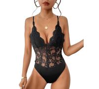 Everbellus Donna Sexy Body in Pizzo Floreale Tuta in Rete Trasparente Canotta Corsetto con Scollo a V Profondo Bodysuits Canotta Regolabile con Spalline Spaghetti Nero Large