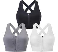Evercute Reggiseno Post-operatorio Anteriore con Zip da Donna Senza Fili Reggiseni Sportivi Imbottiti con Spalline a Sostegno Medio Yoga Esercizio Atletico, Nero, Bianco, Grigio, Confezione da 3, XL