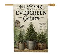 Evergreen - Bandiera per la casa, rustica e naturale, casetta per uccelli, verde primavera, in iuta su entrambi i lati, decorativa, per esterni, cortile, prato, patio, porta d'ingresso, 71 x 101 cm