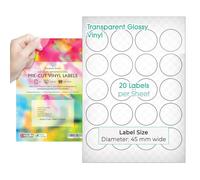 Evergreen Goods™ - Etichette adesive rotonde pretagliate, formato A4, lucide, trasparenti, 45 mm (20 etichette per foglio, 200 in totale), 10 fogli, stampabili a getto d'inchiostro, autoadesive, in