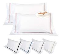 EVERGREENWEB - Cuscini Letto Coppia 100% Memory Foam alti 18 cm con Elegante Set di 4 Fodere GRATIS in Morbido Cotone Bianco + Balza e Riga Rosa, 2 Guanciali per dolori CERVICALI in Schiuma Ergonomica