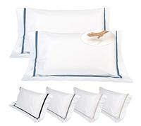 EVERGREENWEB - Cuscini Letto Coppia 100% Memory Foam Bassi 9 cm con Elegante Set di 4 Fodere Gratis in Morbido Cotone Bianco + Balza e Riga Blu, 2 Guanciali per dolori CERVICALI in Schiuma Ergonomica