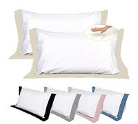 EVERGREENWEB Cuscini Letto Coppia 100% Memory Foam bassi 9cm con Elegante Set di 4 Fodere GRATIS in Morbido Cotone Bianco + Balza Beige 2 Guanciali per dolori CERVICALI in Schiuma Ergonomica ANTIACARO