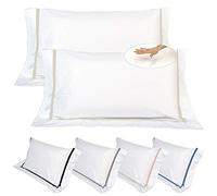 EVERGREENWEB - Cuscini Letto Coppia 100% Memory Foam Basso 9 cm con Elegante Set di 4 Fodere Gratis in Morbido Cotone Bianco + Balza e Riga Beige, 2 Guanciali x dolori CERVICALI in Schiuma Ergonomica
