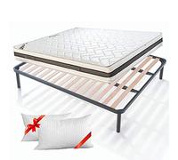 Evergreenweb - Kit Rete e Materasso Matrimoniale 150x200 Alto 20cm con COPPIA CUSCINI Memory INCLUSI Set Letto Materasso a MOLLE in ACCIAIO e WaterFoam EXTRA COMFORT + Rete a Doghe in Legno ORTOPEDICA