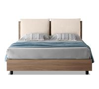 EVERGREENWEB Letto Matrimoniale con Contenitore 140x195 cm, Elegante Testiera Imbottita con Doppio Cuscino Bianco Crema Struttura in Legno Resistente effetto Frassino Rete a Doghe INCLUSA Piedini Neri