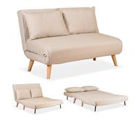 EVERGREENWEB Poltrona Letto 1 Piazza e Mezzo con Cuscino Imbottito, Tessuto Beige, Divano 2 Posti Salvaspazio Pieghevole, Pouf Poggiapiedi, Comodo Schienale Regolabile Clic Clac, Gambe in Legno, FOLDY