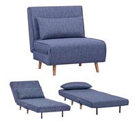 EVERGREENWEB Poltrona Letto Singolo con Cuscino Imbottito INCLUSO, Tessuto Blu, Divano 1 Posto Salvaspazio Pieghevole, Pouf Poggiapiedi, Comodo Schienale Regolabile Clic Clac, Gambe in Legno, FOLDY