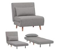 EVERGREENWEB Poltrona Letto Singolo con Cuscino Imbottito INCLUSO, Tessuto Grigio Chiaro, Divano 1 Posto Salvaspazio Pieghevole, Pouf Poggiapiedi, Schienale Regolabile Clic Clac, Gambe in Legno, FOLDY