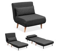 EVERGREENWEB Poltrona Letto Singolo con Cuscino Imbottito INCLUSO, Tessuto Grigio Scuro, Divano 1 Posto Salvaspazio Pieghevole, Pouf Poggiapiedi, Schienale Regolabile Clic Clac, Gambe in Legno, FOLDY