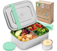 Everusely - Bento Box - Green - 1,4 L - Lunch box grande in acciaio inox con contenitore per salse a tenuta stagna - Contenitore snack a 3 scomparti