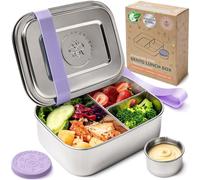 Everusely - Bento Box - Lavanda - 0,8 L - Lunch Box in acciaio inossidabile con contenitore per condimenti a tenuta stagna - Organizer per snack a 3 scomparti