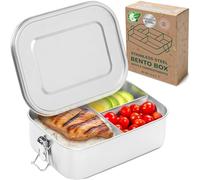 Everusely - Bento Box - Lunch Box in Acciaio Inossidabile per Adulti - 1,2 L - Contenitore per Snack a 3 Scomparti con Guarnizione in Silicone Rimovibile + Clip di Blocco Sicure