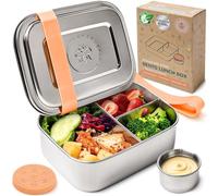 Everusely - Bento Box - Orange - 0,8 L - Lunch box in acciaio inox con contenitore per salse a tenuta stagna - Organizer snack a 3 scomparti