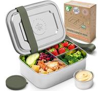 Everusely - Bento Box per Bambini - Salvia - 1,1 L - Lunch Box in Acciaio Inox con Contenitore per Condimenti a Tenuta Stagna - Contenitore per Snack a 3 Scomparti