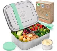 Everusely - Bento Box per Bambini - Verde - 1,8 L - Lunch Box in Acciaio Inox con Contenitore per Condimenti a Tenuta Stagna - Contenitore per Snack a 3 Scomparti
