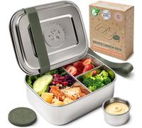 Everusely - Bento Box - Salvia - 0,8 L - Lunch Box in acciaio inossidabile con contenitore per condimenti a tenuta stagna - Organizer per snack a 3 scomparti