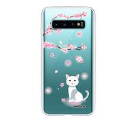 Evetane - Cover in silicone compatibile con Samsung Galaxy S10 - Protezione integrale 360, sottile e trasparente - Cover anteriore e posteriore - alta resistenza - gatto e fiori