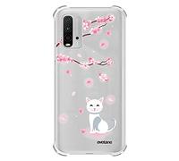 Evetane Custodia compatibile con Xiaomi Redmi 9T angoli in silicone antiurto solida protezione completa resistente trasparente gatto e fiore design moda scrittura