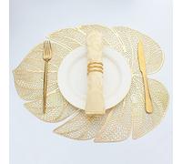 Evevda Set di 4 tovagliette in vinile a forma di foglia dorata, per tavolo da pranzo, in plastica metallizzata, lavabili, 6 pezzi, per matrimoni, anniversari, cene, decorazioni per tavolo da pranzo