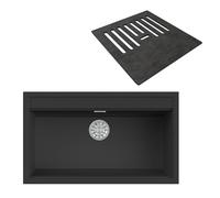 EVHOC Lavello Sopratop 1 Vasca DESIDERATA L con Tagliere COMPLEMENT 340, Lavandino in Kuarzite Vasca Unica, Fascia Miscelatore Preforata, Made in Italy, Nero, 86x51 cm