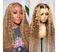 Evidenzia Parrucche frontali in pizzo Ombre Capelli veri pre-pizzicati 13x4x1 HD Parrucche frontali ricci in pizzo 4/27 Parrucche di capelli veri con onde d'acqua colorate Biondo per donne nere