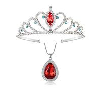Evie Descendants - Collana con 2 corone, con diadema in pietra rossa e ciondolo rosso, per Natale, Halloween