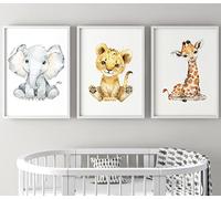 Eviepops Prints Decorazione Parete Safari Bimbo Set 3 Stampe A3 Senza Cornice Leone Elefante Giraffa - Quadri per Cameretta Bambina Bambino