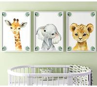 Eviepops Prints Quadri per Cameretta Decorazione da Parete Bimbo Safari - Set 3 Stampe Animali Elefante, Giraffa, Leone Toni Verde Marrone Giallo A3